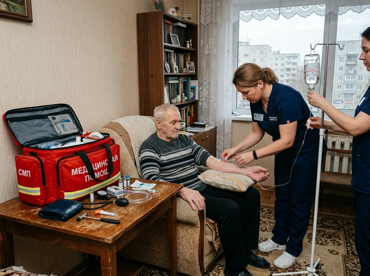 Врач-нарколог устанавливает капельницу пациенту на дому в Екатеринбурге, медицинская сумка с оборудованием, спокойная домашняя обстановка