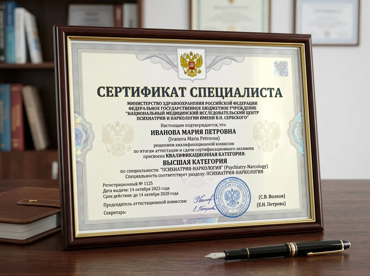 Сертификат специалиста психиатра-нарколога высшей категории, официальный документ с государственной символикой России